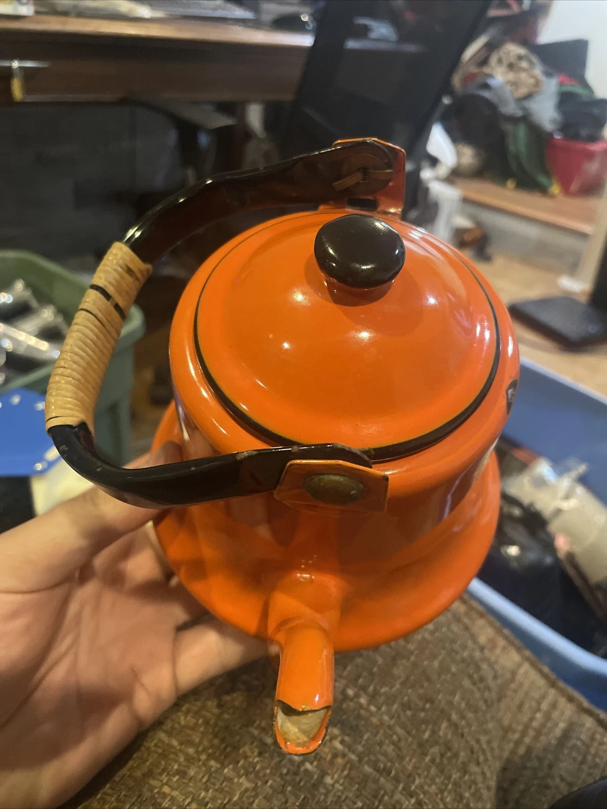 VTG Retro Asahi Japan Orange Enamelware Tea Pot Kettle Rattan Wrap Handle