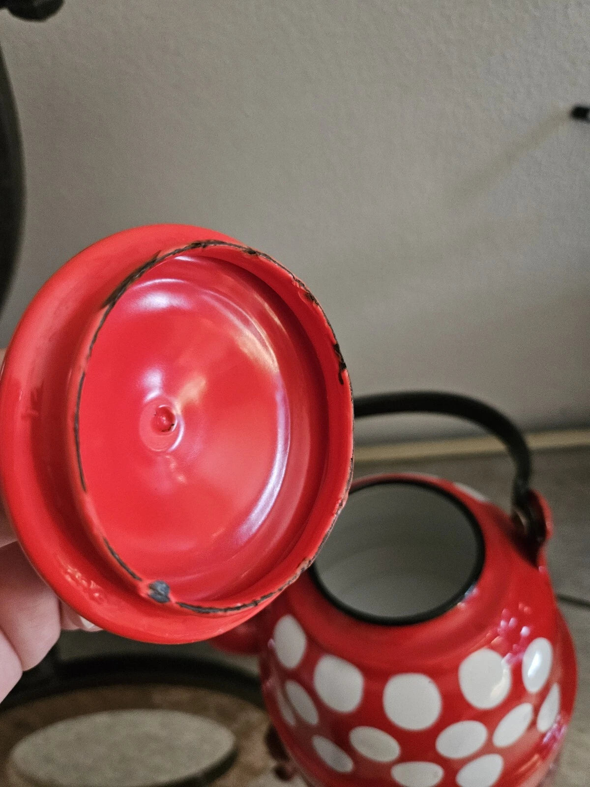 Vintage Enamelware Polka Dot Teapot / Mid Century Enamel Kettle