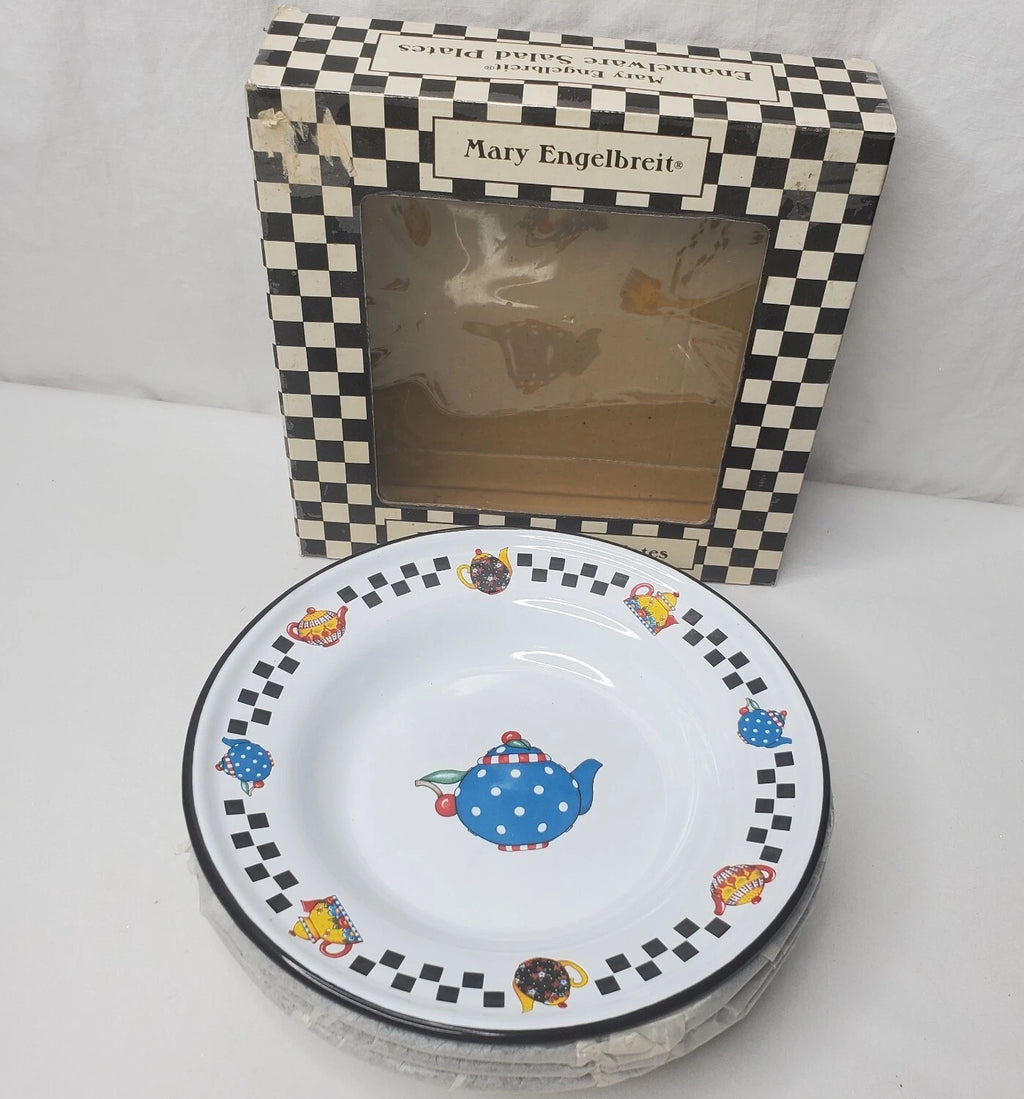 Vtg Mary Engelbreit Enamel Teapot Plate Set 4 Salad Dessert Plates Box New