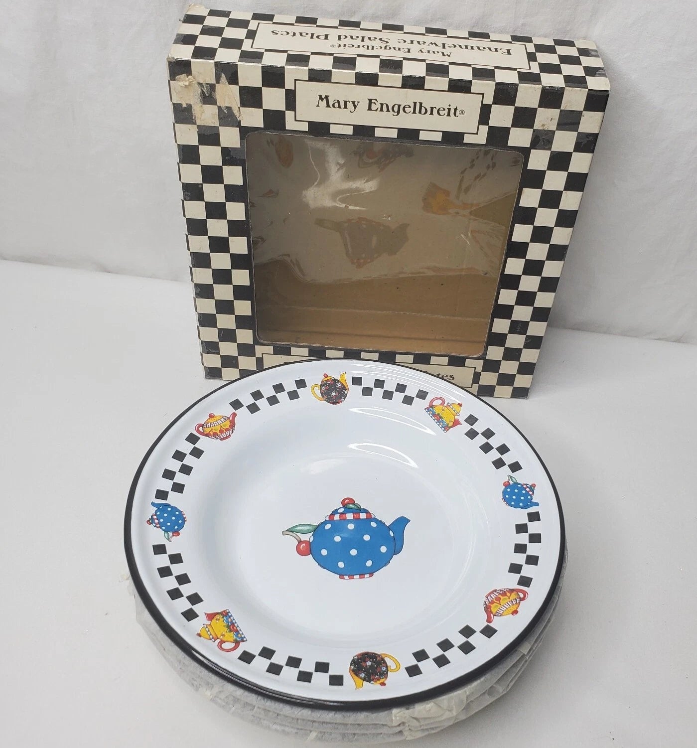 Vtg Mary Engelbreit Enamel Teapot Plate Set 4 Salad Dessert Plates Box New