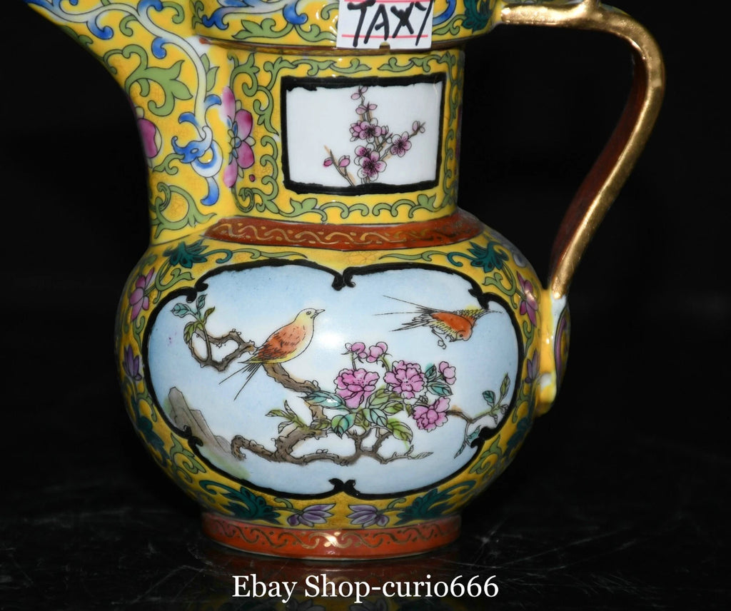 Qianlong Colour Enamel Porcelain Gold Plum Flower Bird Words Pattern Kettle Pot