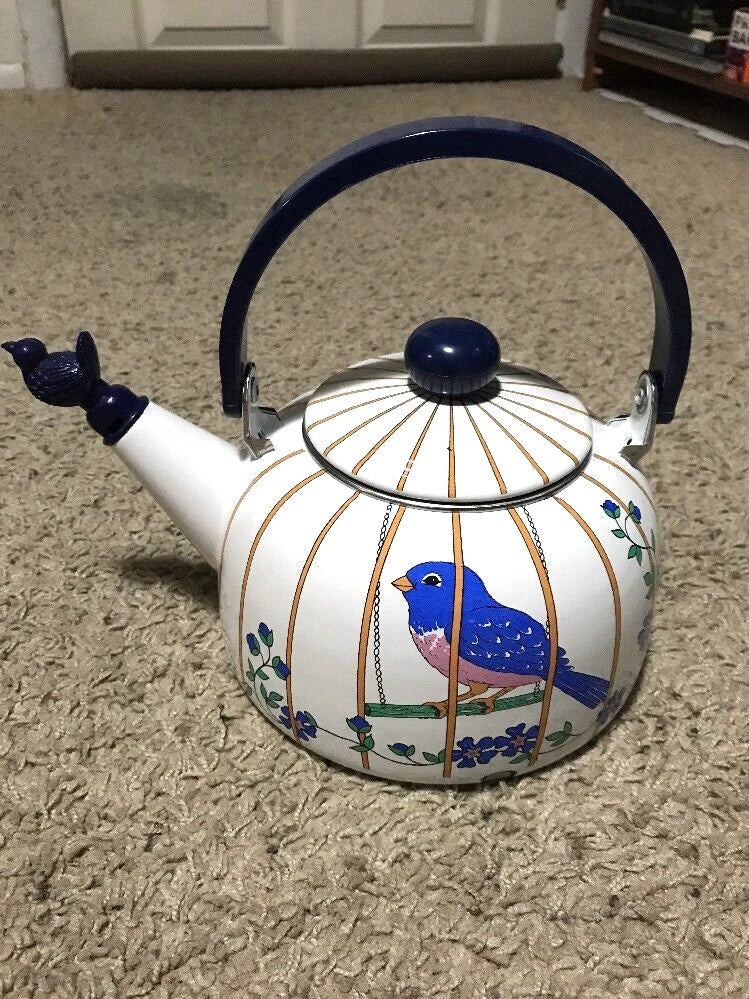 VINTAGE WHITE ENAMEL COFFEE POT Robin/ Blue Bird In A Cage