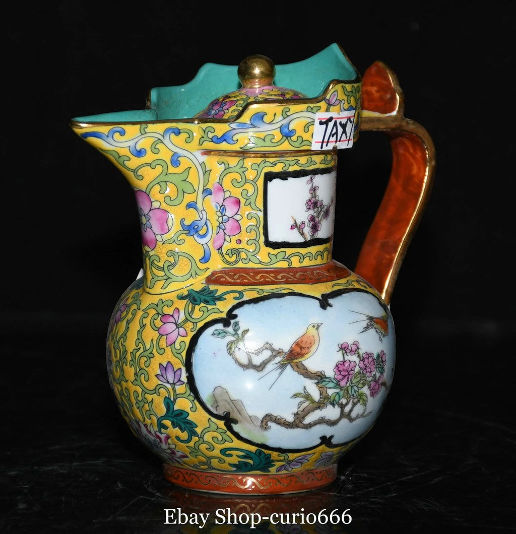 Qianlong Colour Enamel Porcelain Gold Plum Flower Bird Words Pattern Kettle Pot