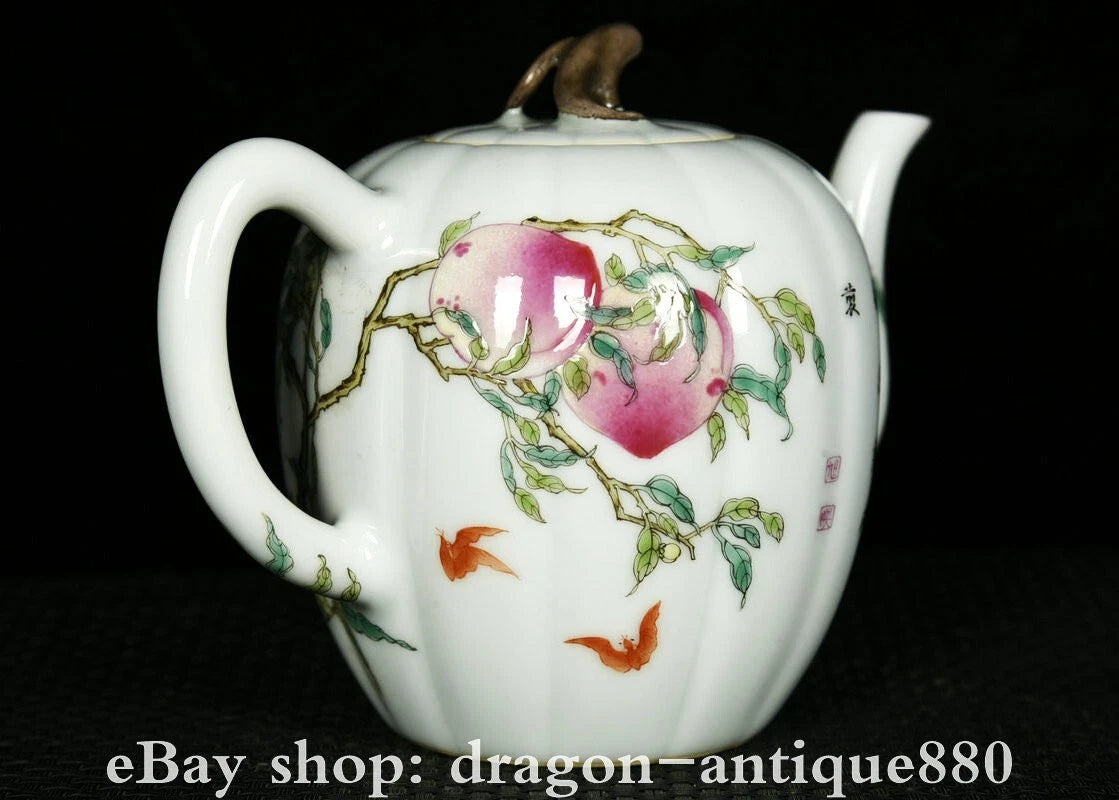 6.2" Qianlong Marked Enamel Colour Porcelain Fo Shou Peach Wine Tea Pot Flagon