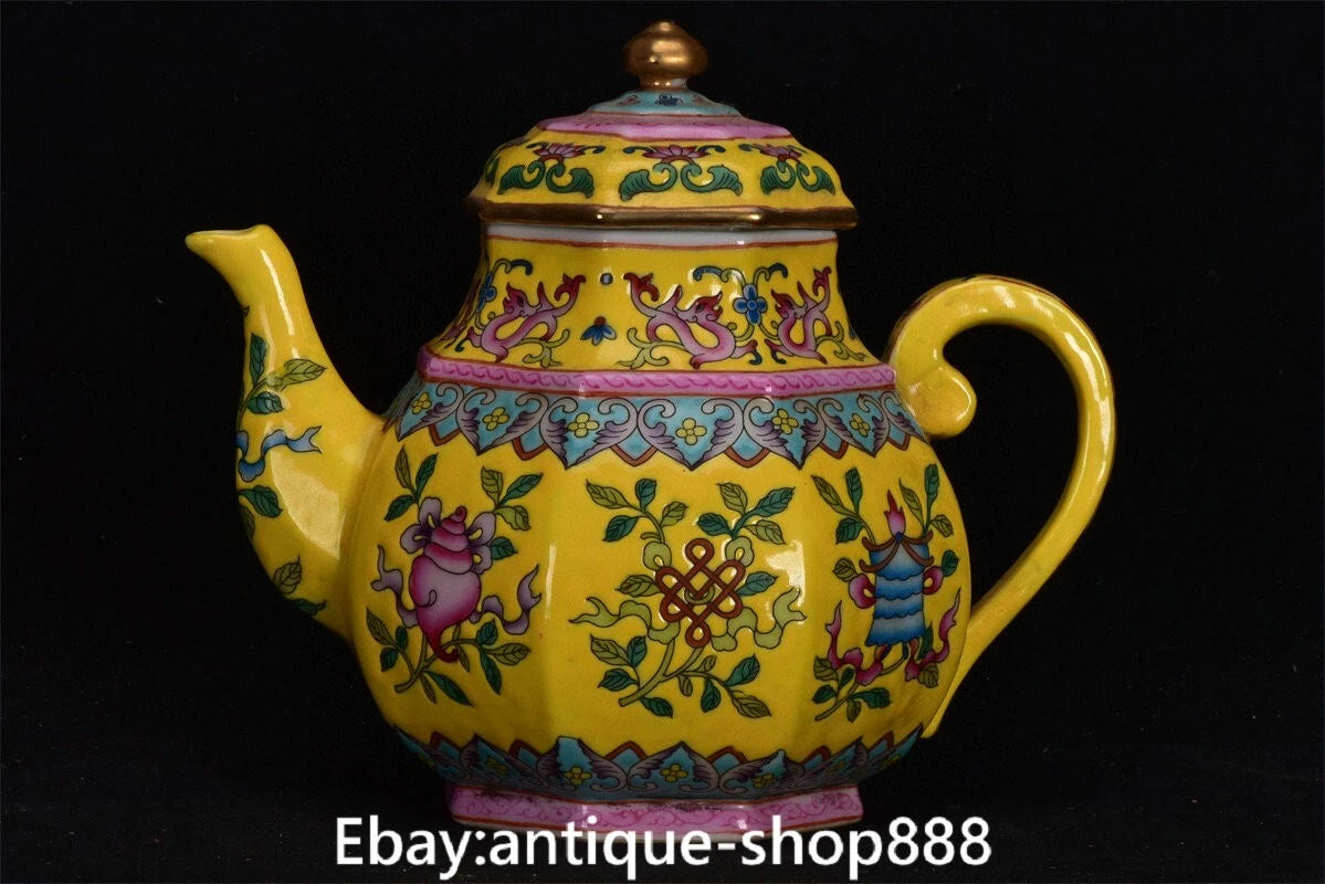 China Yellow Glaze Colour Enamel Porcelain Gilt 8 Auspicious Symbol Kettle Pot