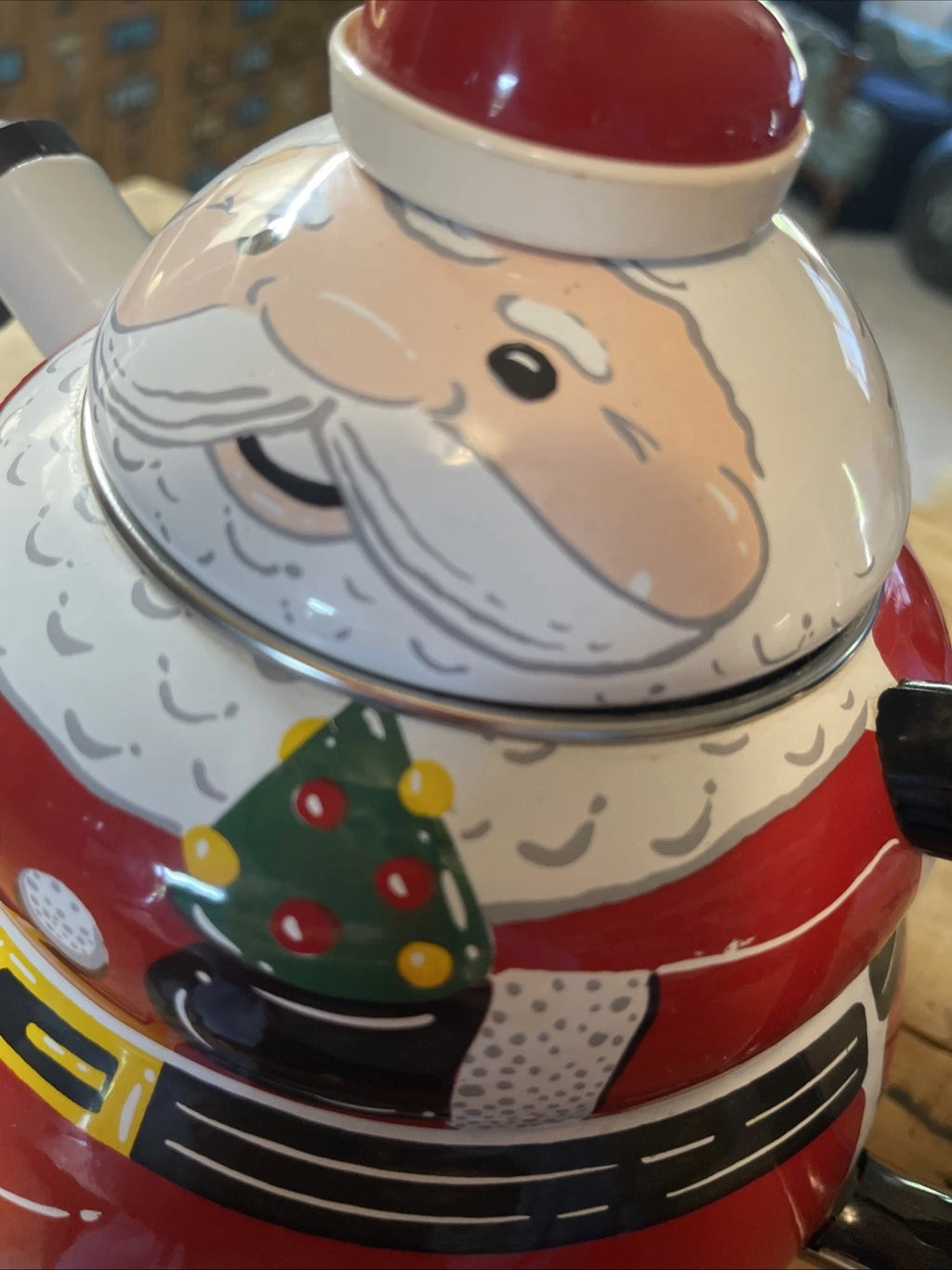 ROSCHO Jolly Santa Claus Enamel Whistling Tea Pot Kettle Holiday 3 Qt Christmas