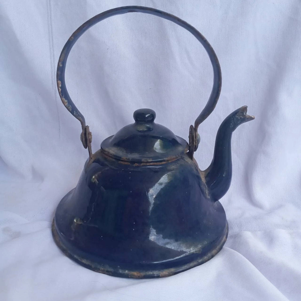 Classic enamel old Water kettle Czechoslovakia Rare collectible dark blue 14 cm.