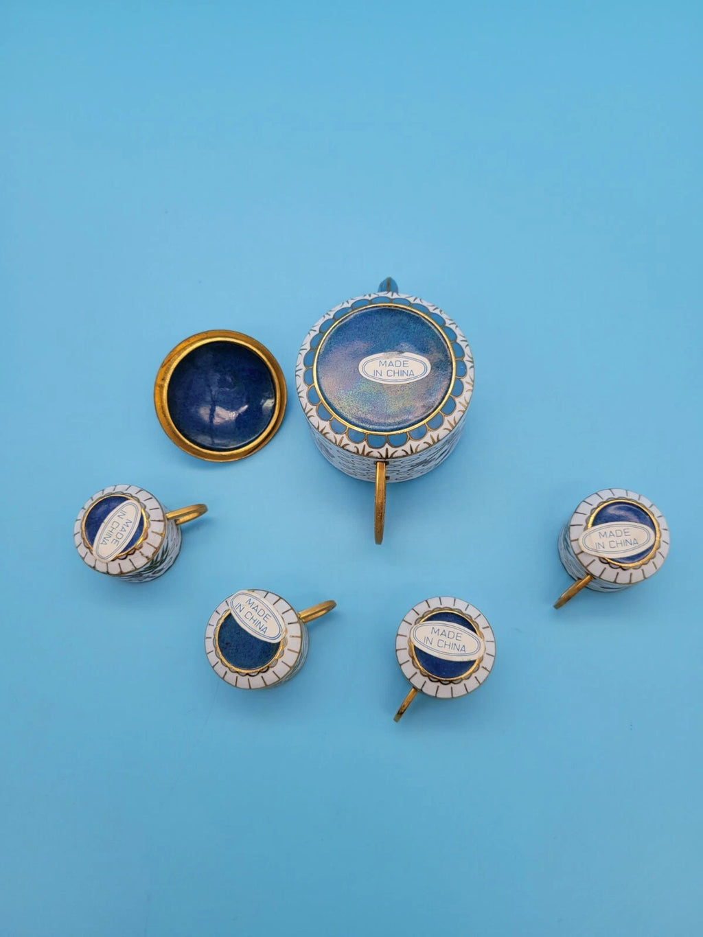 Vintage Chinese Brass Cloisonne/Enamel Miniature Teapot & Cups Flowers Bird Tree