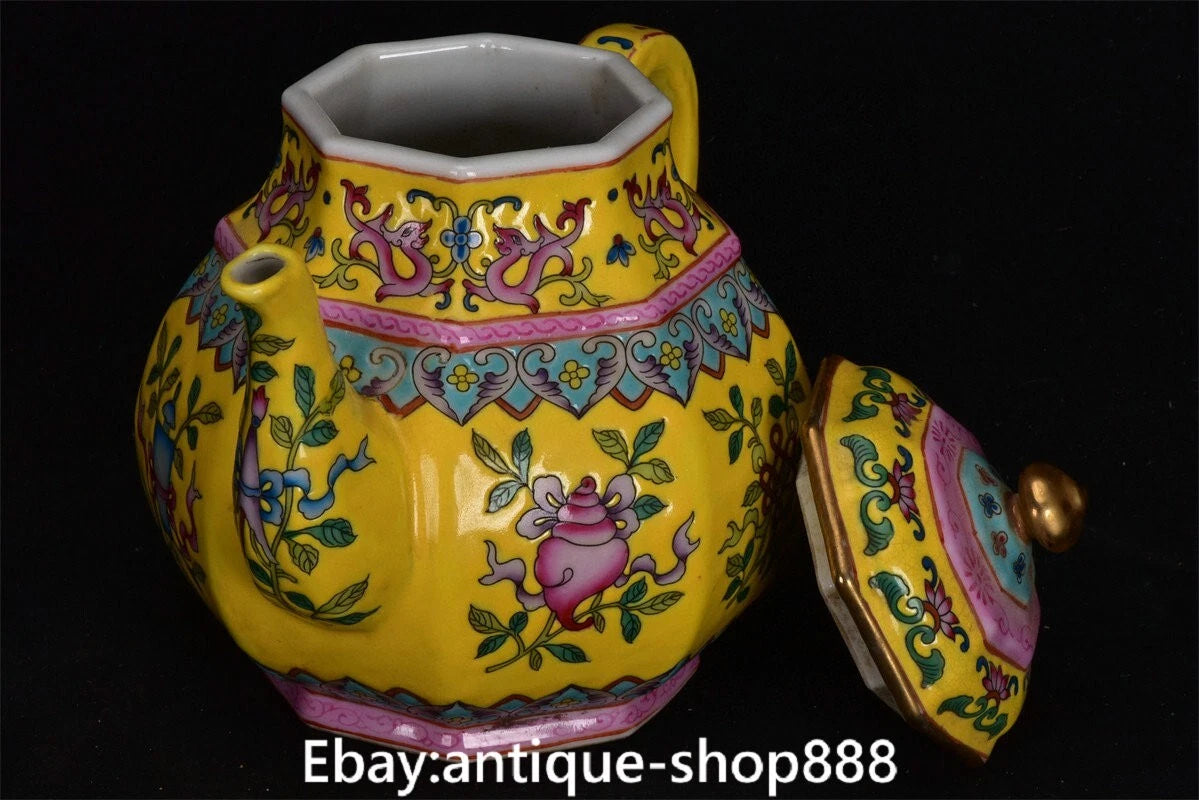 China Yellow Glaze Colour Enamel Porcelain Gilt 8 Auspicious Symbol Kettle Pot