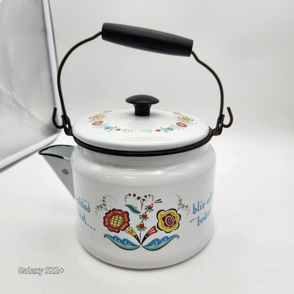 Swedish Scandinavian Tea pot Berggren Enamelware Rosemaling Folk Art Vintage