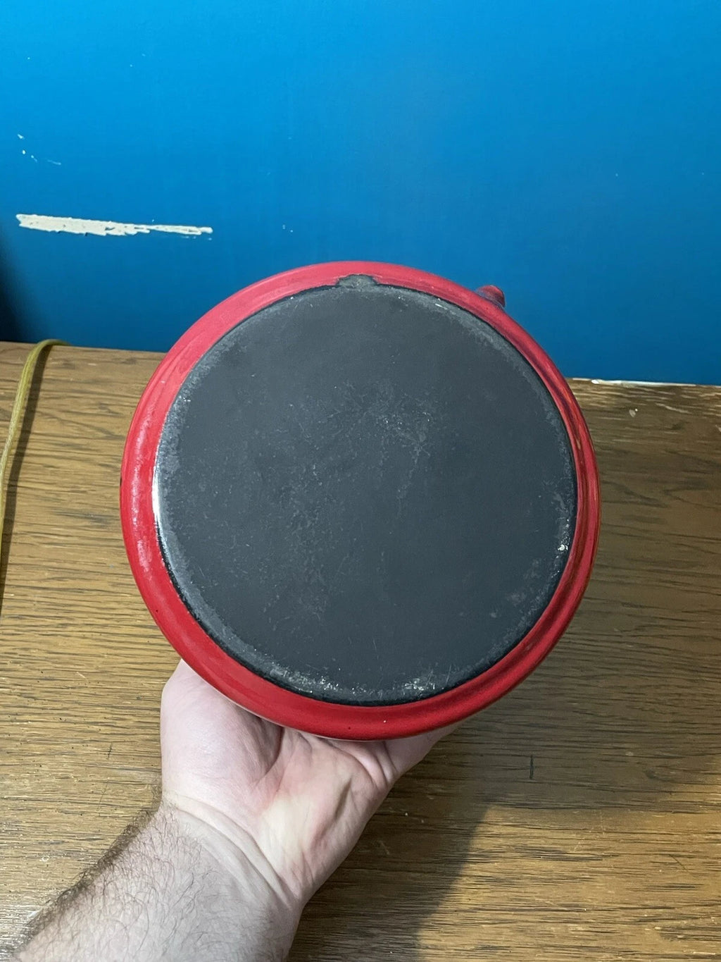 Vintage Retro Red Enameled steel Tea Kettle Pot Wood Handles & Knob 1QT