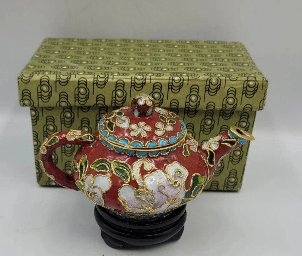 Chinese Enamel Cloisonné Miniature Teapot w/Box And Wood Stand Vintage