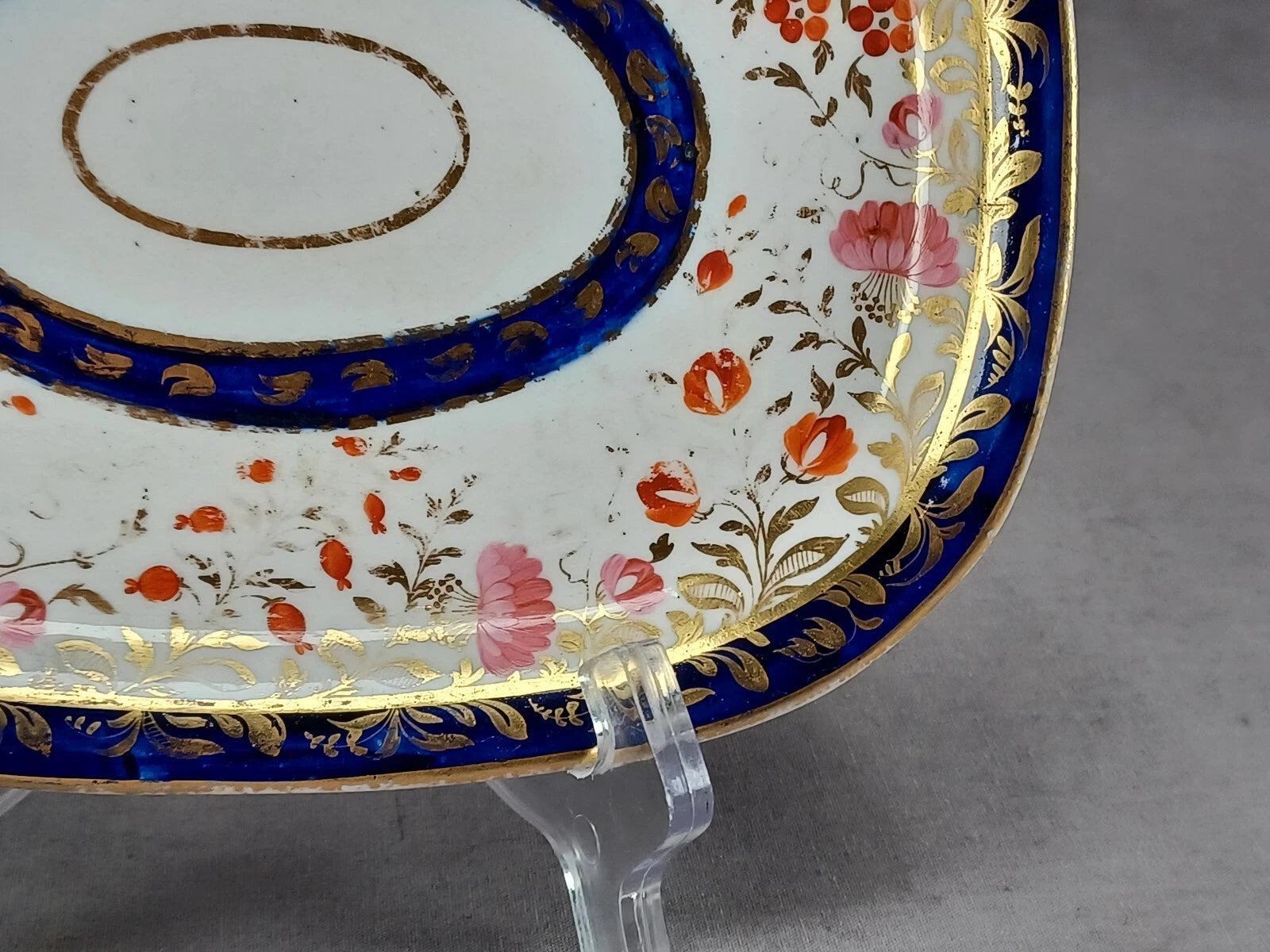 British Hand Painted Pink Red Gold Floral Cobalt Teapot Stand C.1810-1815
