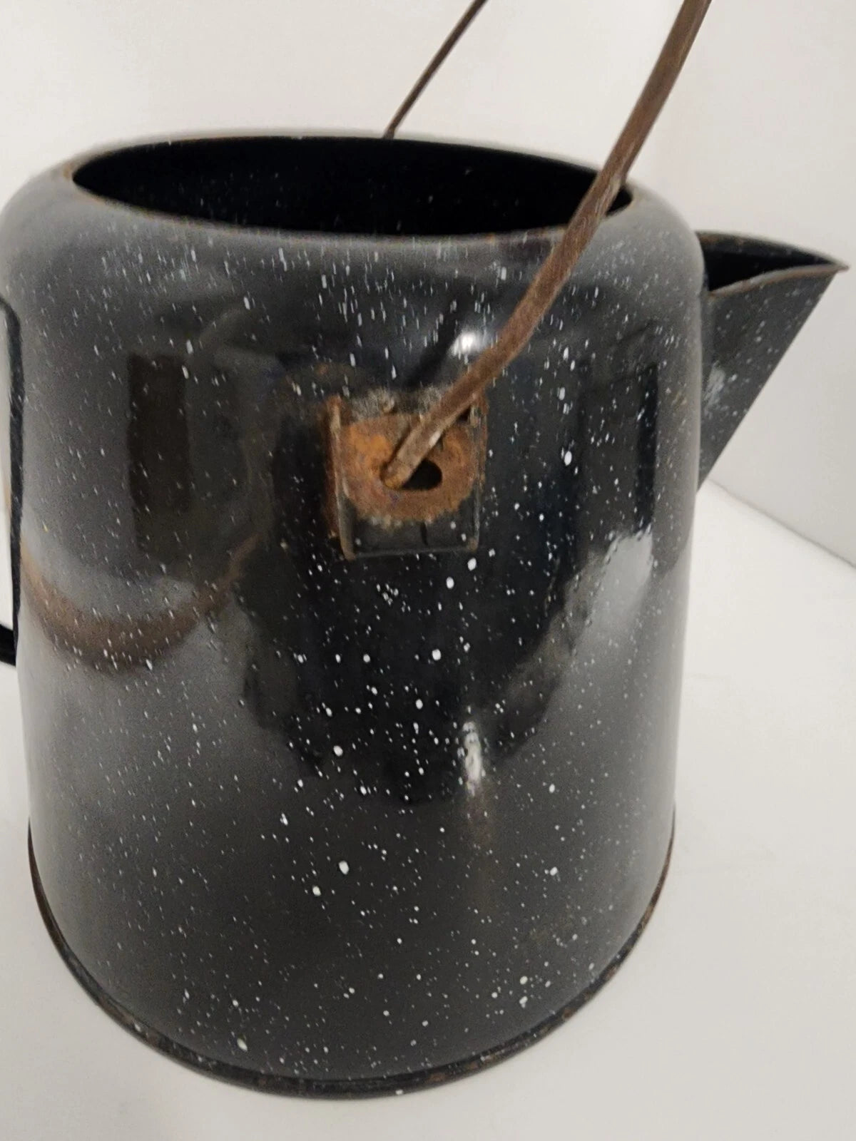 Vintage Enamelware Coffee Tea Pot, Camping Kettle Black Speckled 8” Tall No Lid