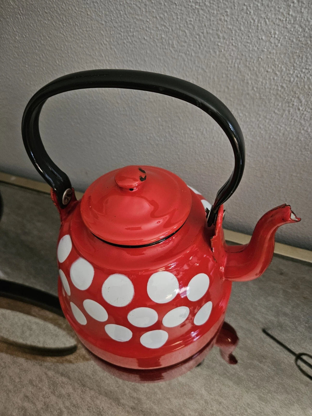 Vintage Enamelware Polka Dot Teapot / Mid Century Enamel Kettle