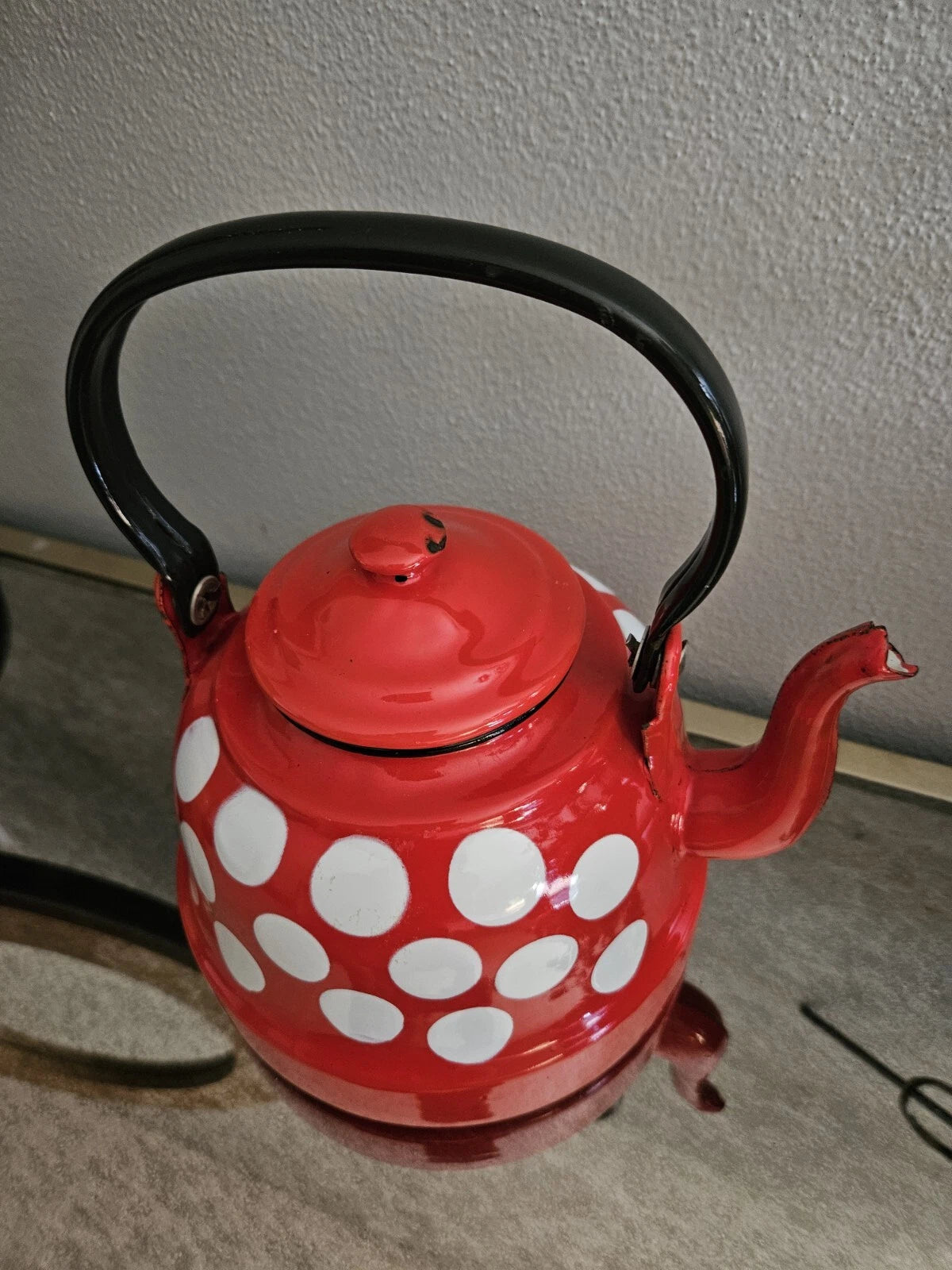 Vintage Enamelware Polka Dot Teapot / Mid Century Enamel Kettle