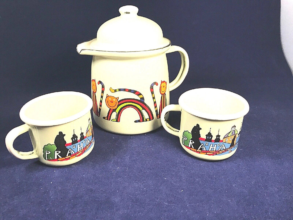 Checklasavakian? Prague Children’s Or Small Enamel Teapot 2 Cups Cats Rainbows