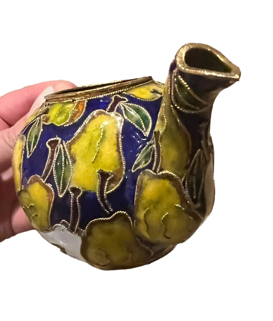 Chinese Vintage Brass Cloisonne Teapot Kettle Enamel Fruit Pear Mini