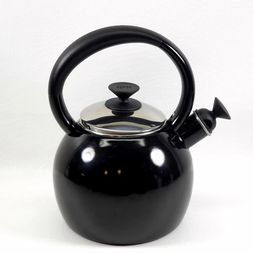 Copco Whistling Teapot Tea Kettle Pot Onyx Black Enamel With Handle and Lid EUC