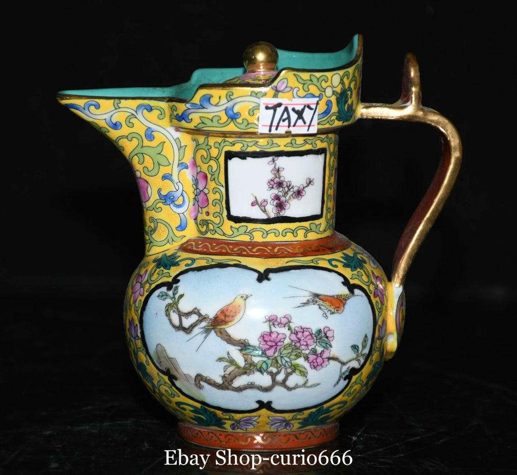 Qianlong Colour Enamel Porcelain Gold Plum Flower Bird Words Pattern Kettle Pot