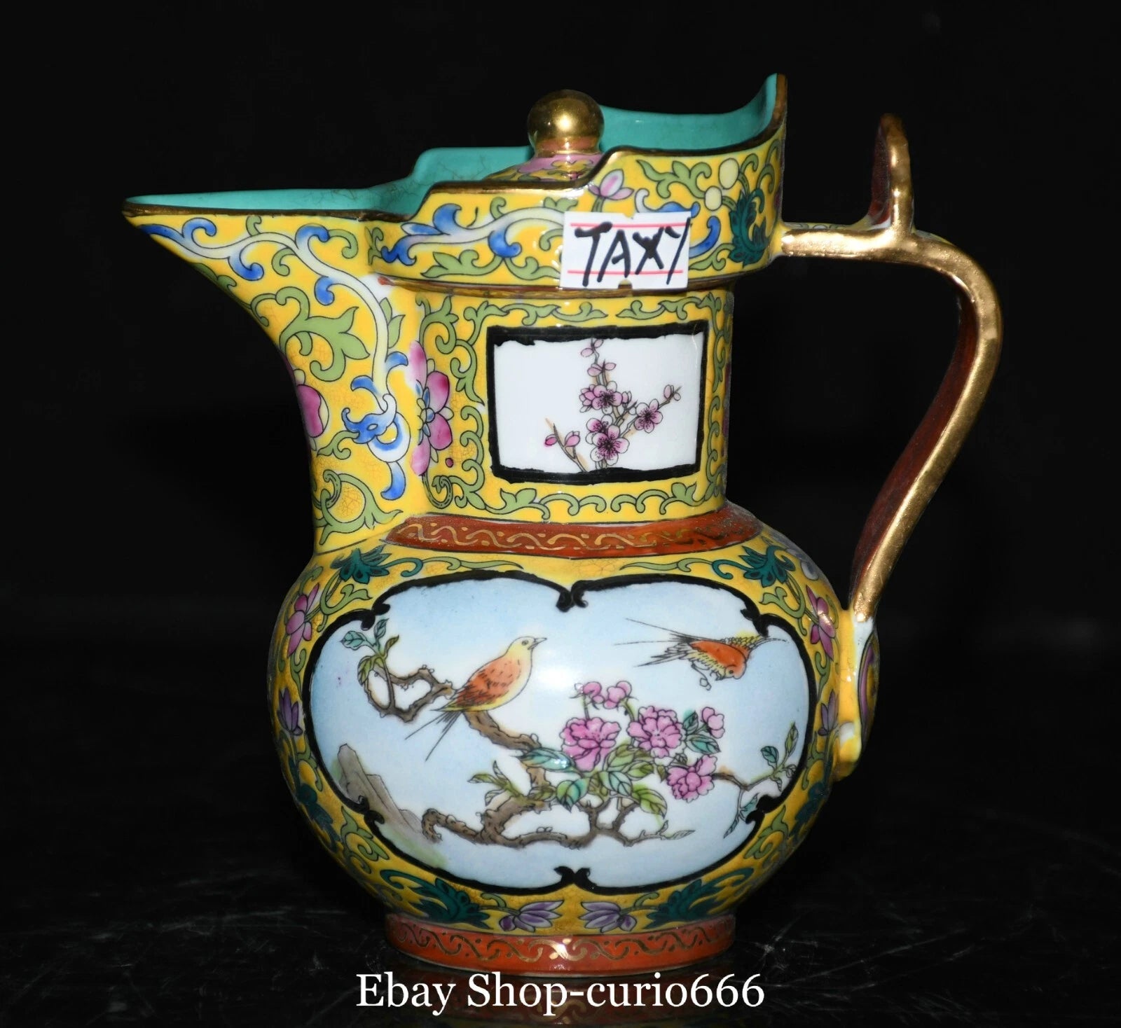 Qianlong Colour Enamel Porcelain Gold Plum Flower Bird Words Pattern Kettle Pot