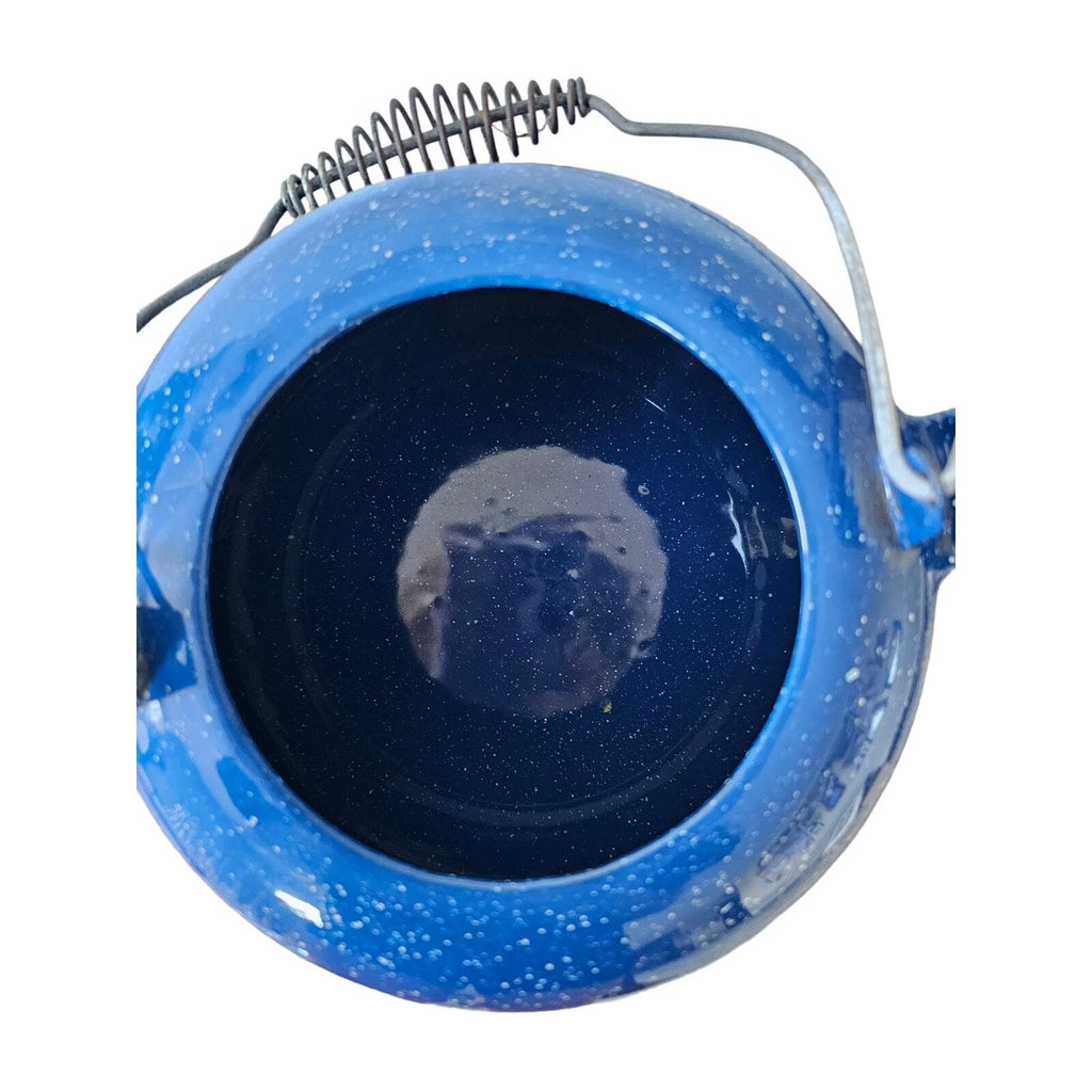 Vintage Enamel Ware Blue Speckled Tea Pot Camping Wire Spiral Handle