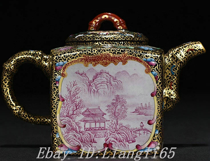 5.5" Old Qing Dynasty Enamel Colour Porcelain Gilt landscape Wine Tea Pot Flagon-