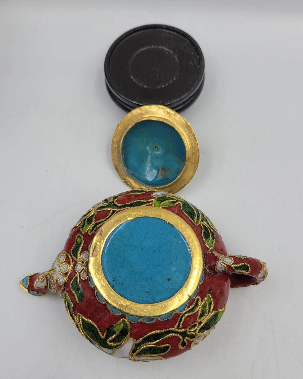 Chinese Enamel Cloisonné Miniature Teapot w/Box And Wood Stand Vintage