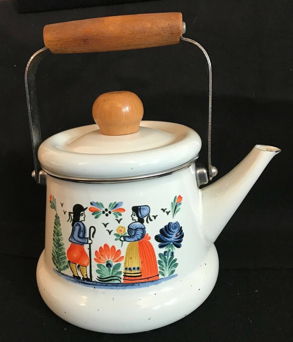 Unusual Quimper Enamel Tea Kettle,Tea Pot  French Peasants, Wood & Metal Handle