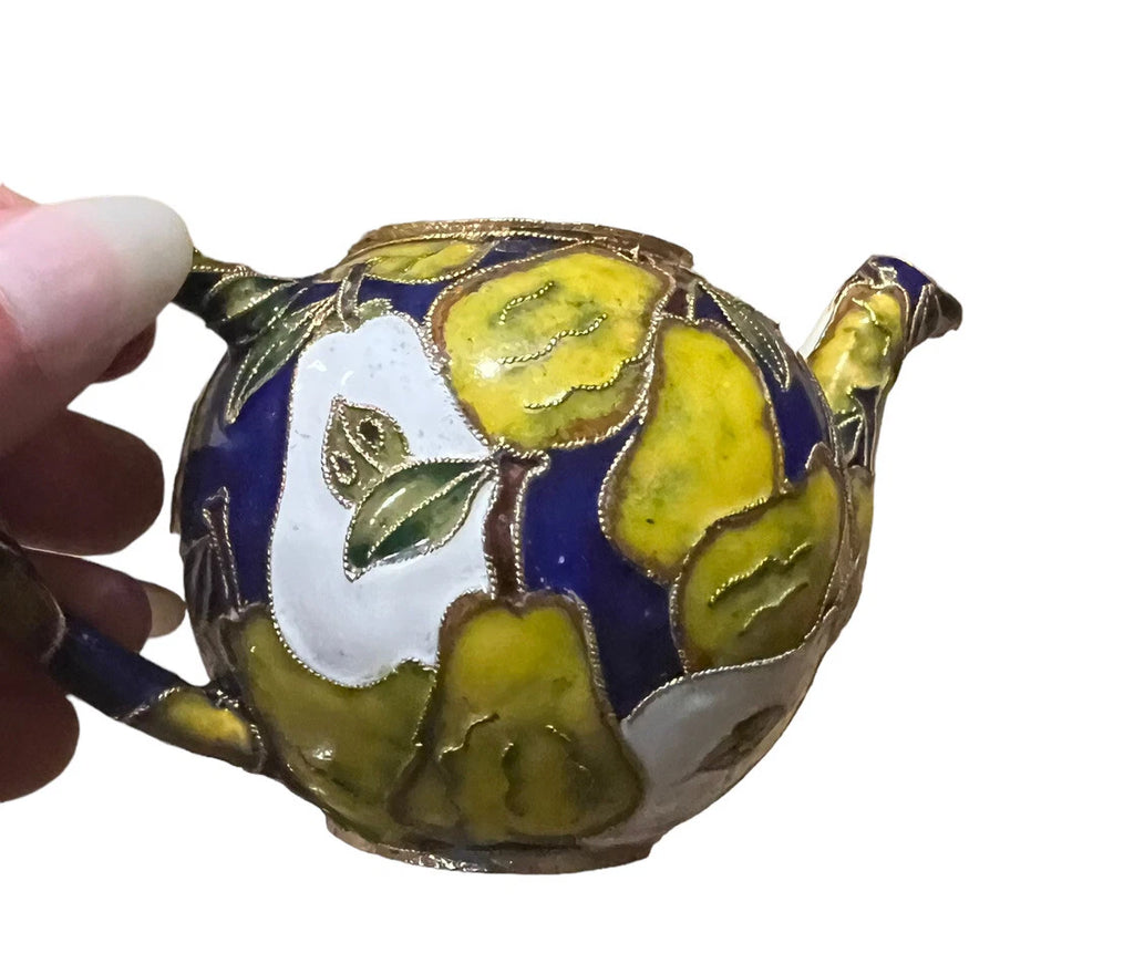 Chinese Vintage Brass Cloisonne Teapot Kettle Enamel Fruit Pear Mini