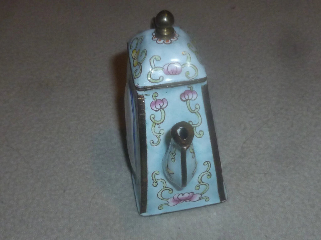 MINI ENAMEL TEA KETTLE TEAPOT KELVIN CHEN 1999 DECORATIVE FLOWERS BLUE RETIRED