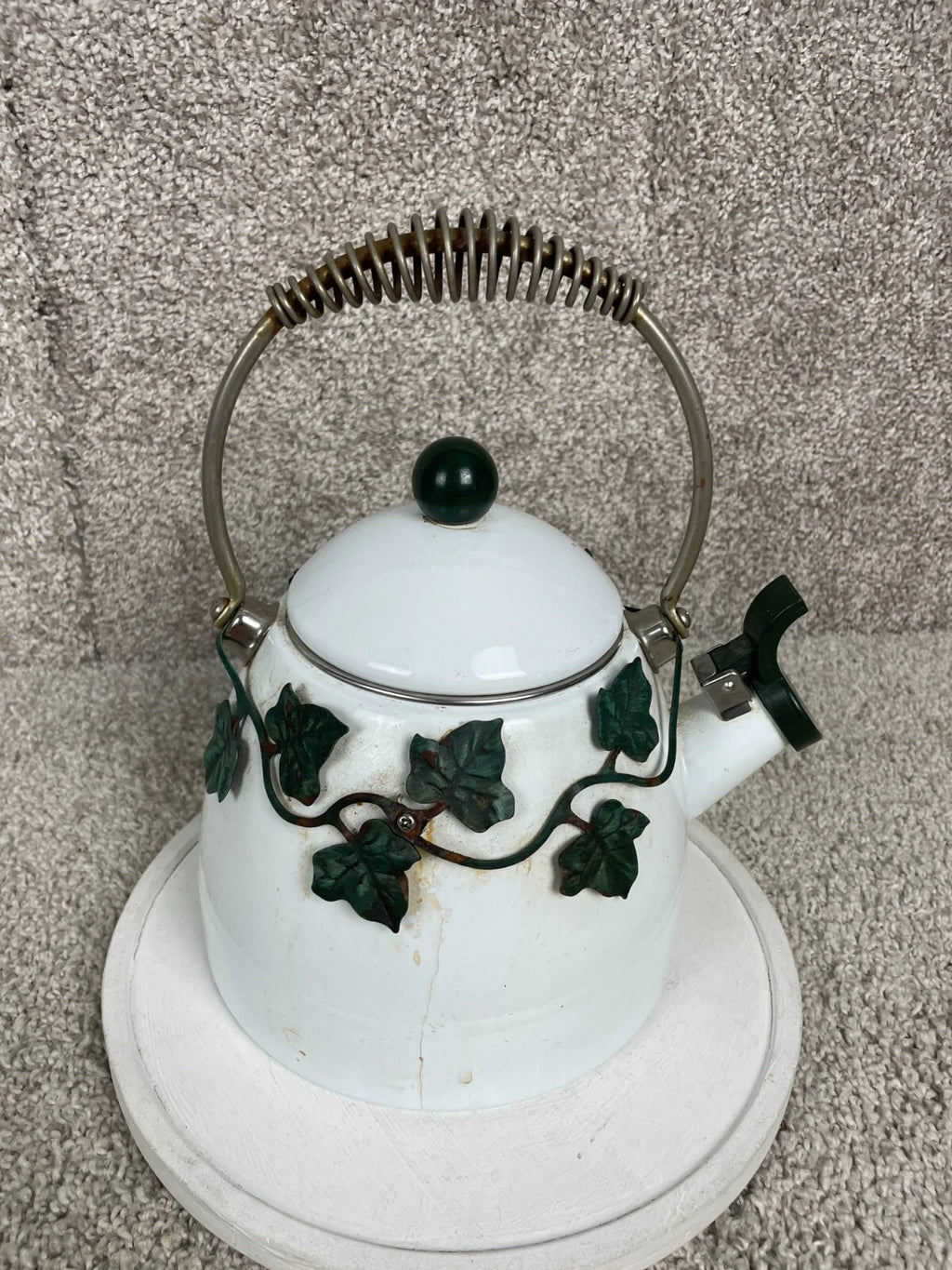 Via Ancona English Garden Enamel 10" Whistling Tea Kettle Green Ivy White