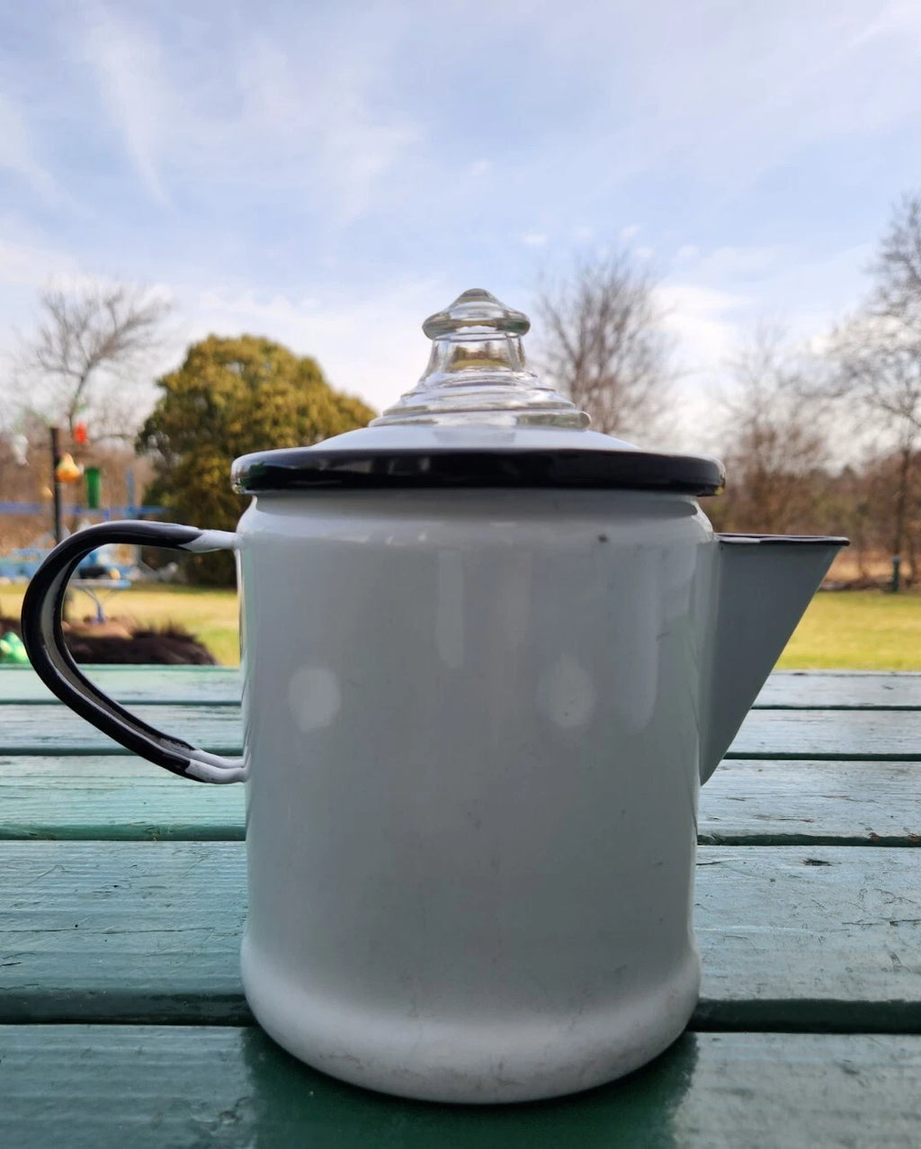 Vintage White Enamelware Kettle, Coffee Pot w/Glass Top w/lids & Flowery Bowl