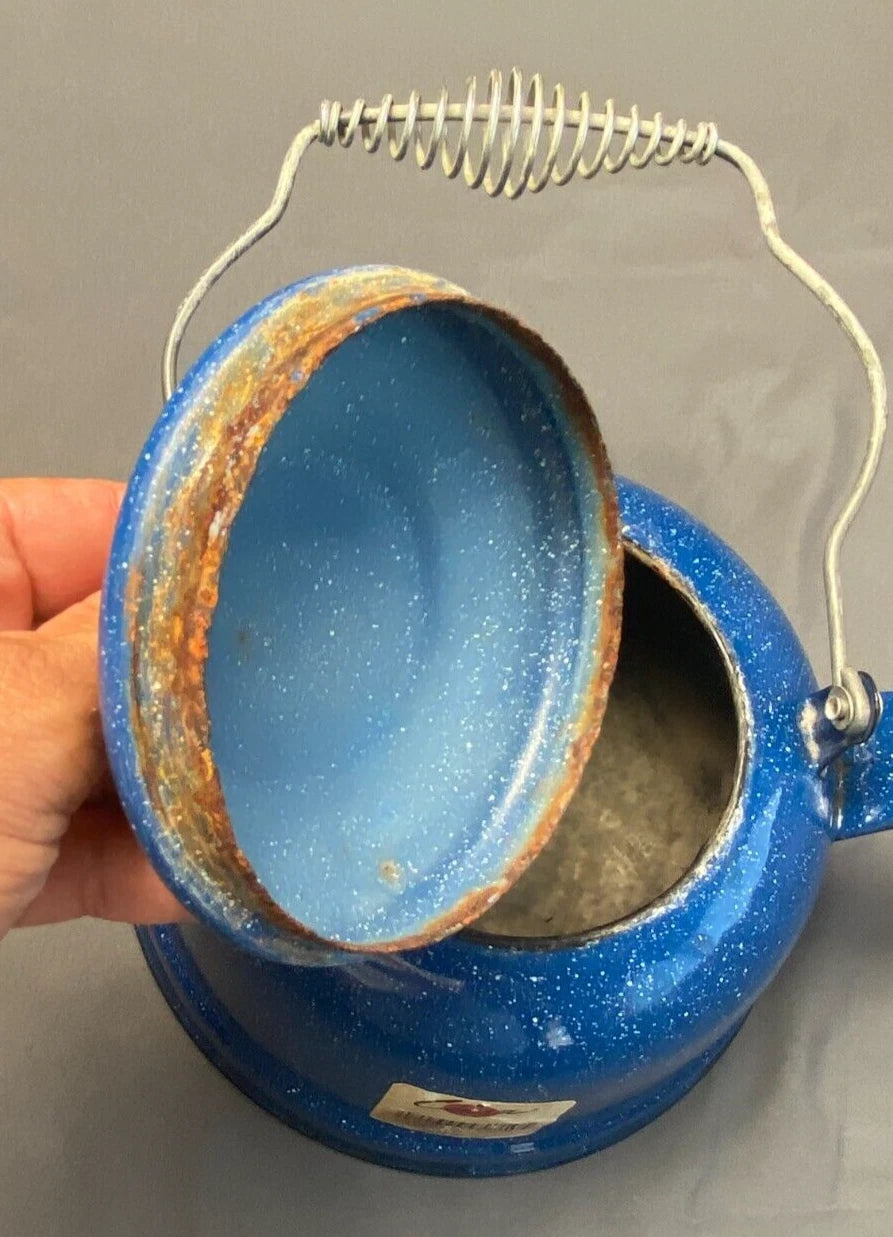 Vintage Cinsa Enamelware Blue Speckled Teapot Camping Country Kitchen Farm House