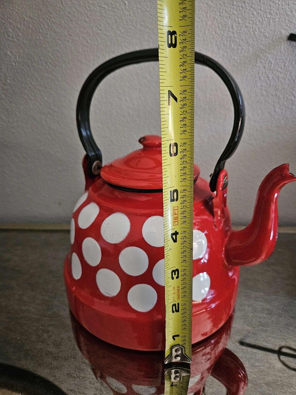 Vintage Enamelware Polka Dot Teapot / Mid Century Enamel Kettle