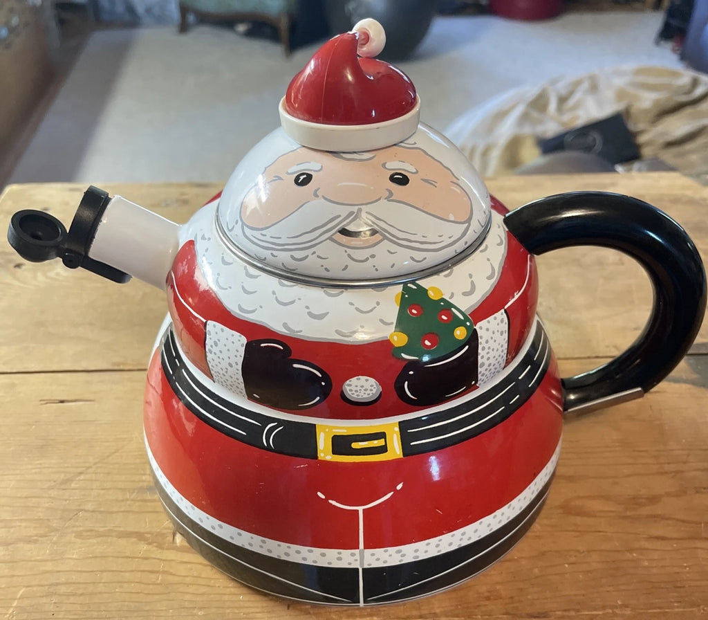 ROSCHO Jolly Santa Claus Enamel Whistling Tea Pot Kettle Holiday 3 Qt Christmas