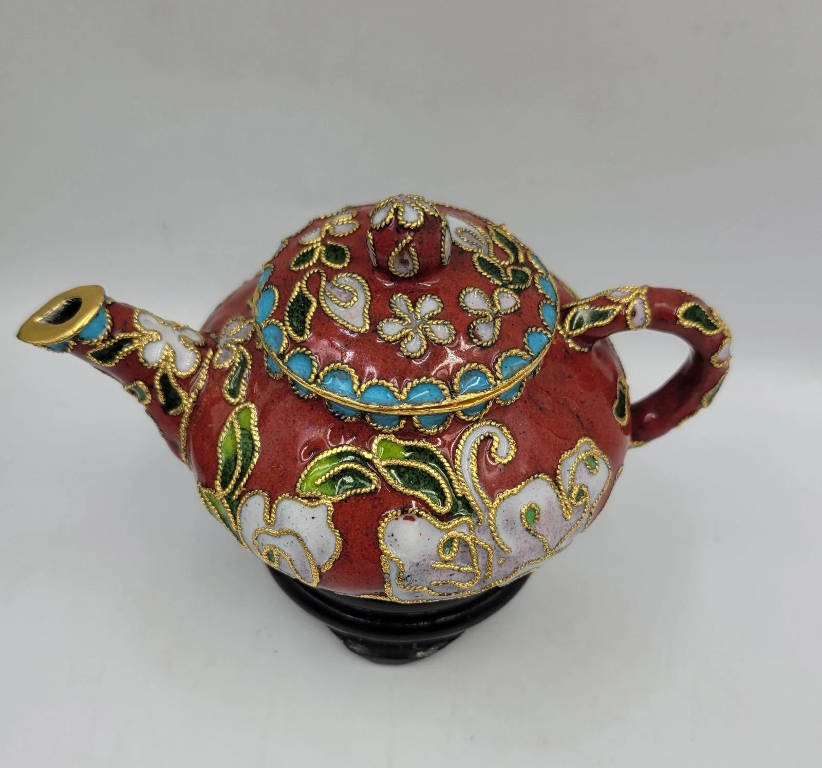 Chinese Enamel Cloisonné Miniature Teapot w/Box And Wood Stand Vintage