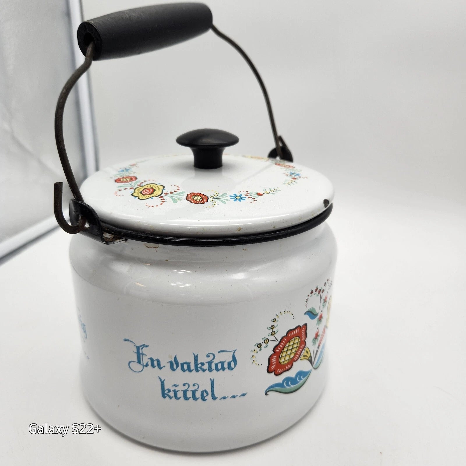 Swedish Scandinavian Tea pot Berggren Enamelware Rosemaling Folk Art Vintage