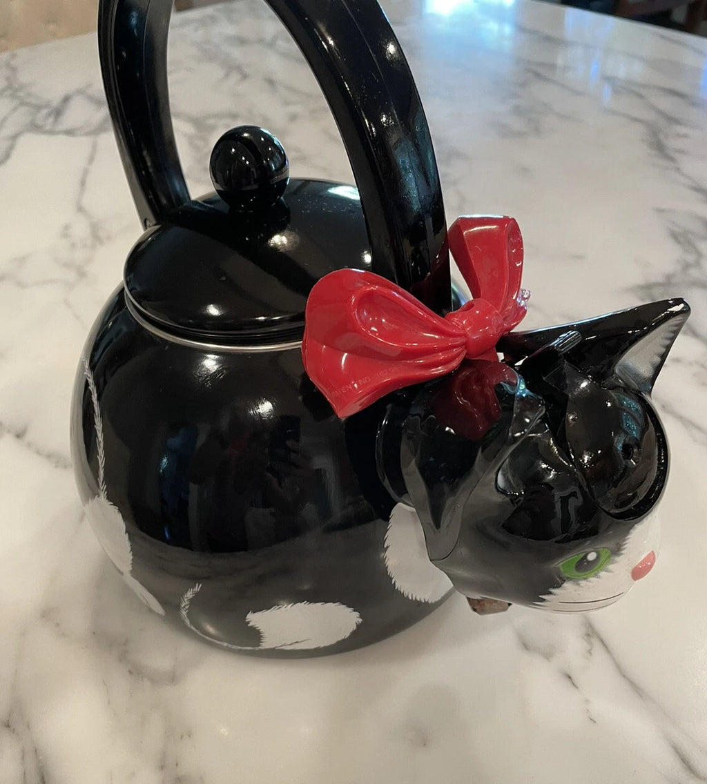 Black Cat Teapot ~ Whistling Kitty Tea Kettle ~ Baked Enamel ~ Ancona ~ Vintage