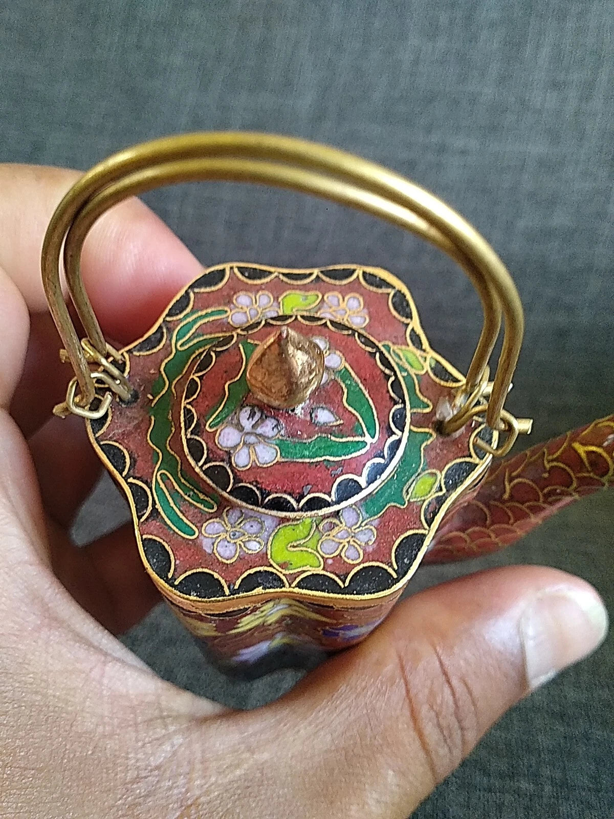 VTG CHINESE CLOISONNE BRASS AND ENAMEL BROWN  MINIATURE TEAPOT