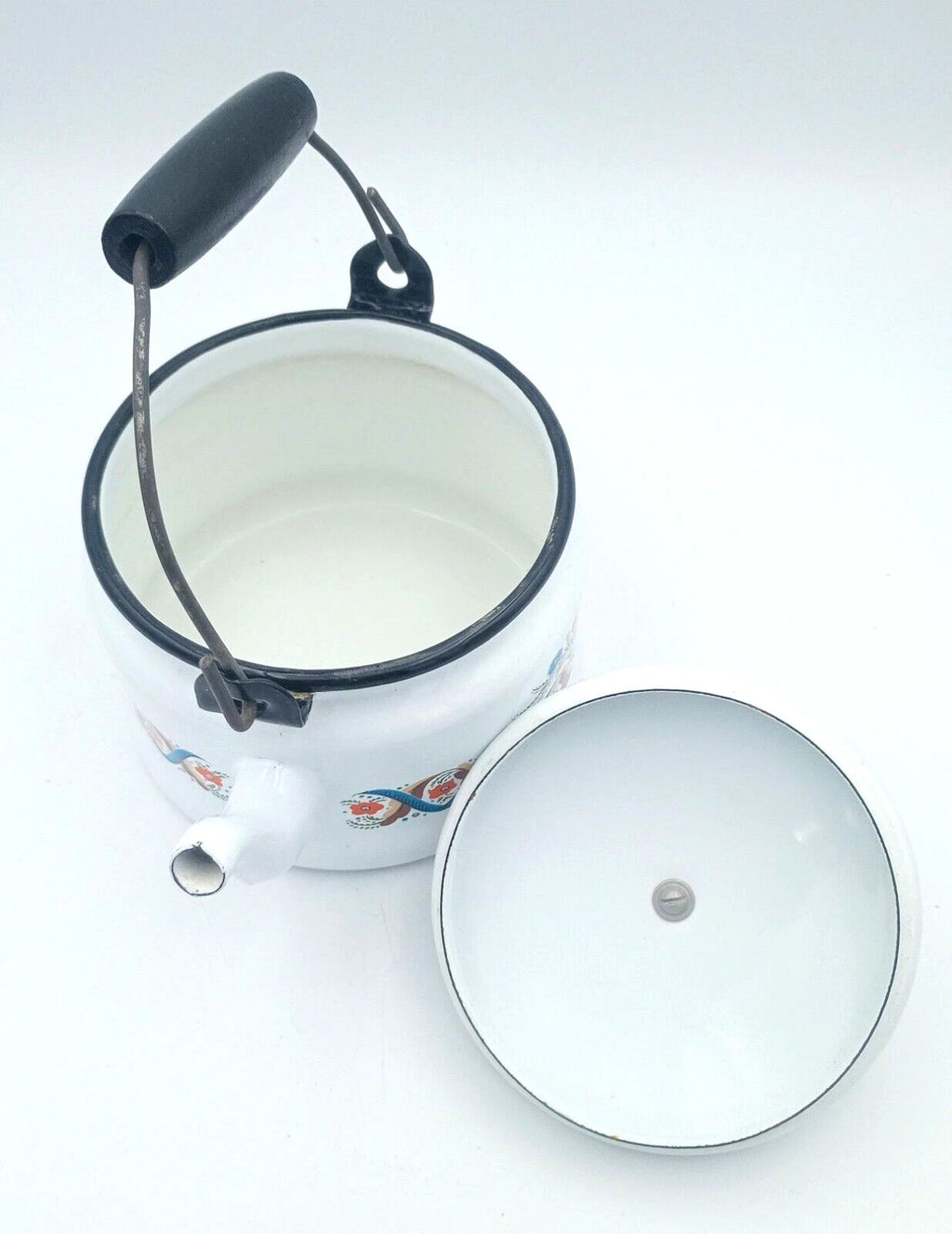 Vintage Berggren Swedish Folk Art  Enamelware Floral Handled Tea Pot Tea Kettle