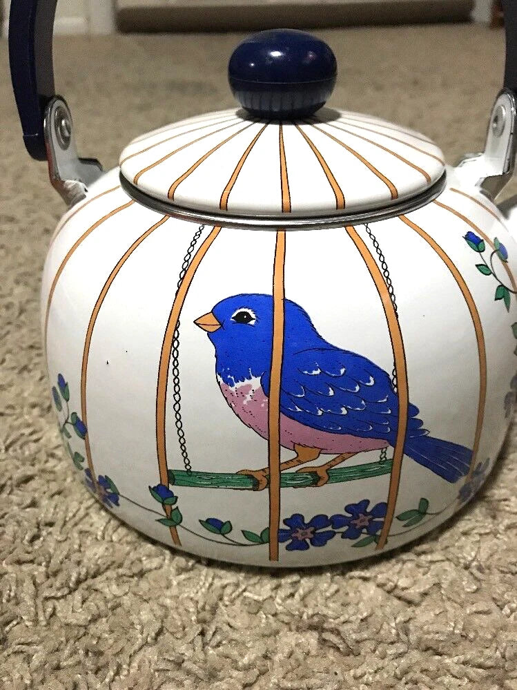 VINTAGE WHITE ENAMEL COFFEE POT Robin/ Blue Bird In A Cage
