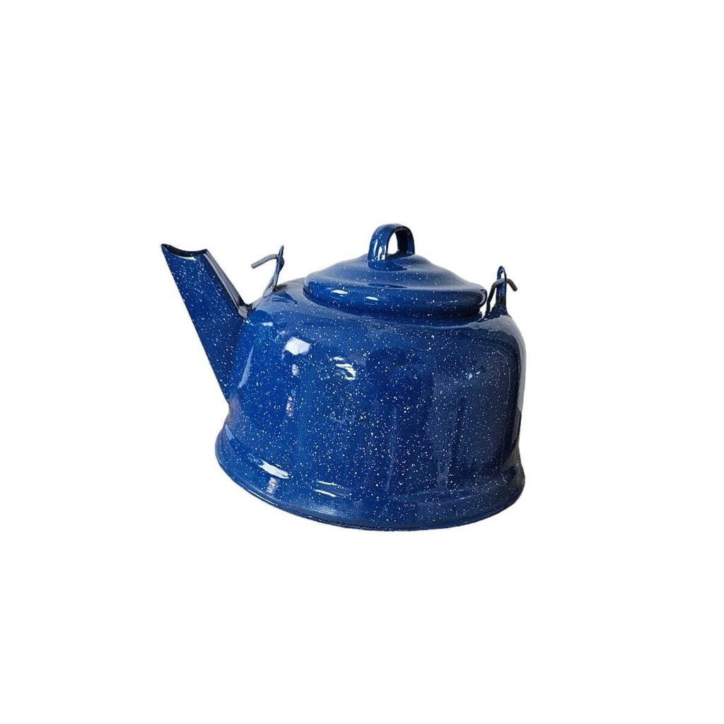 Vintage Enamel Ware Blue Speckled Tea Pot Camping Wire Spiral Handle