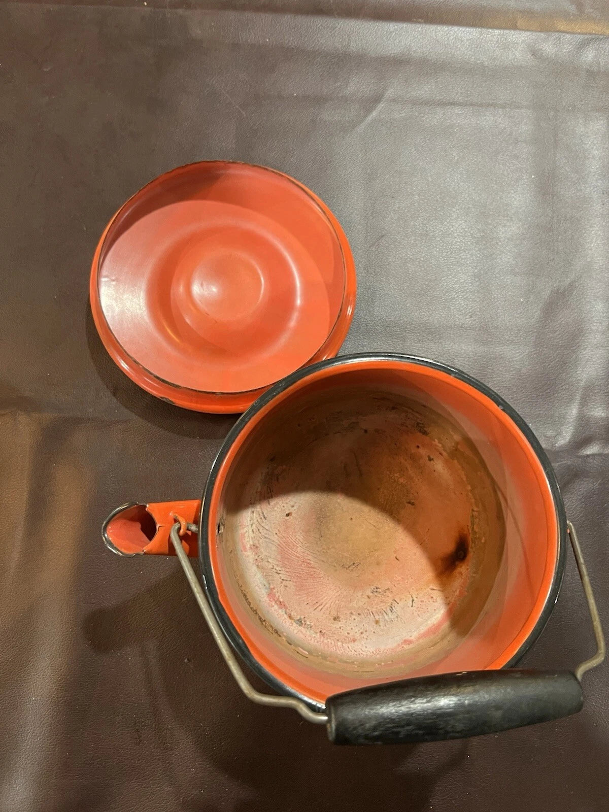 Vintage Antique Enamel Orange Tea Kettle.