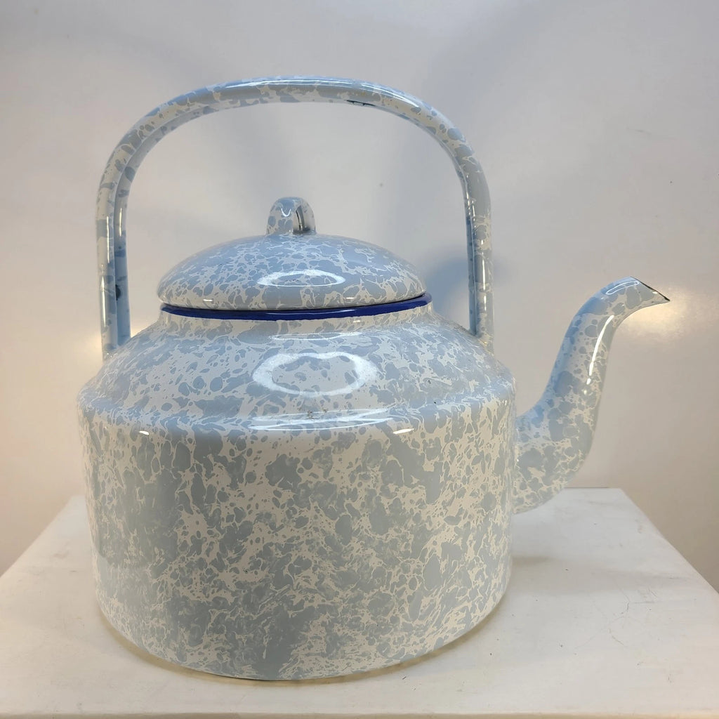 Blue & White Enamel Spatterware Swirl "Country Kitchen" Tea Kettle 7" Dia 8" T