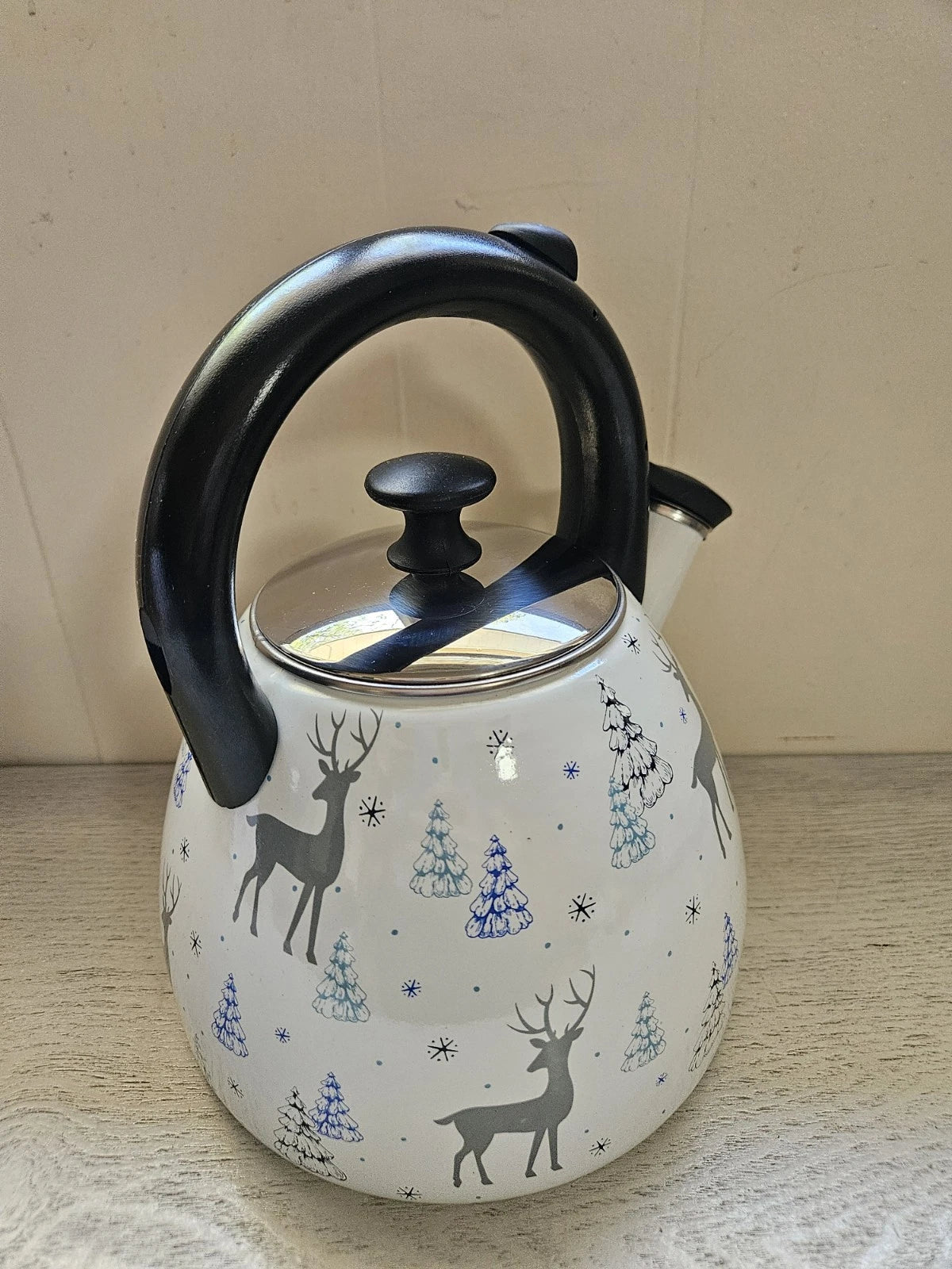 Temp-Tations 2.6 Qt Enamel on Steel Teapot Reindeer Snowy Winter Tea Kettle NEW