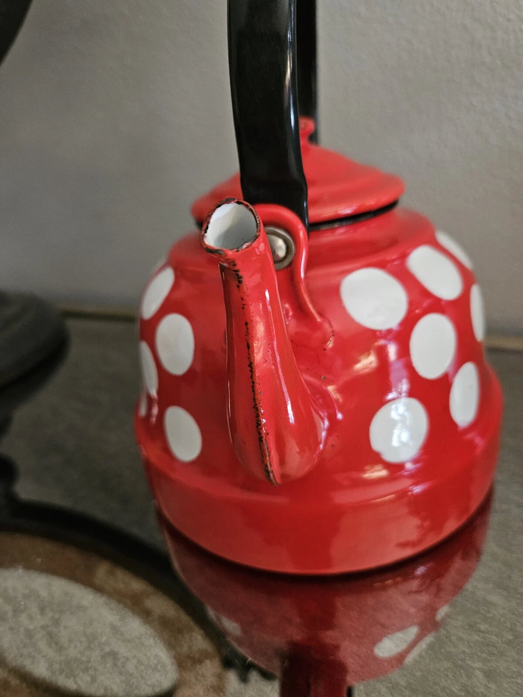 Vintage Enamelware Polka Dot Teapot / Mid Century Enamel Kettle