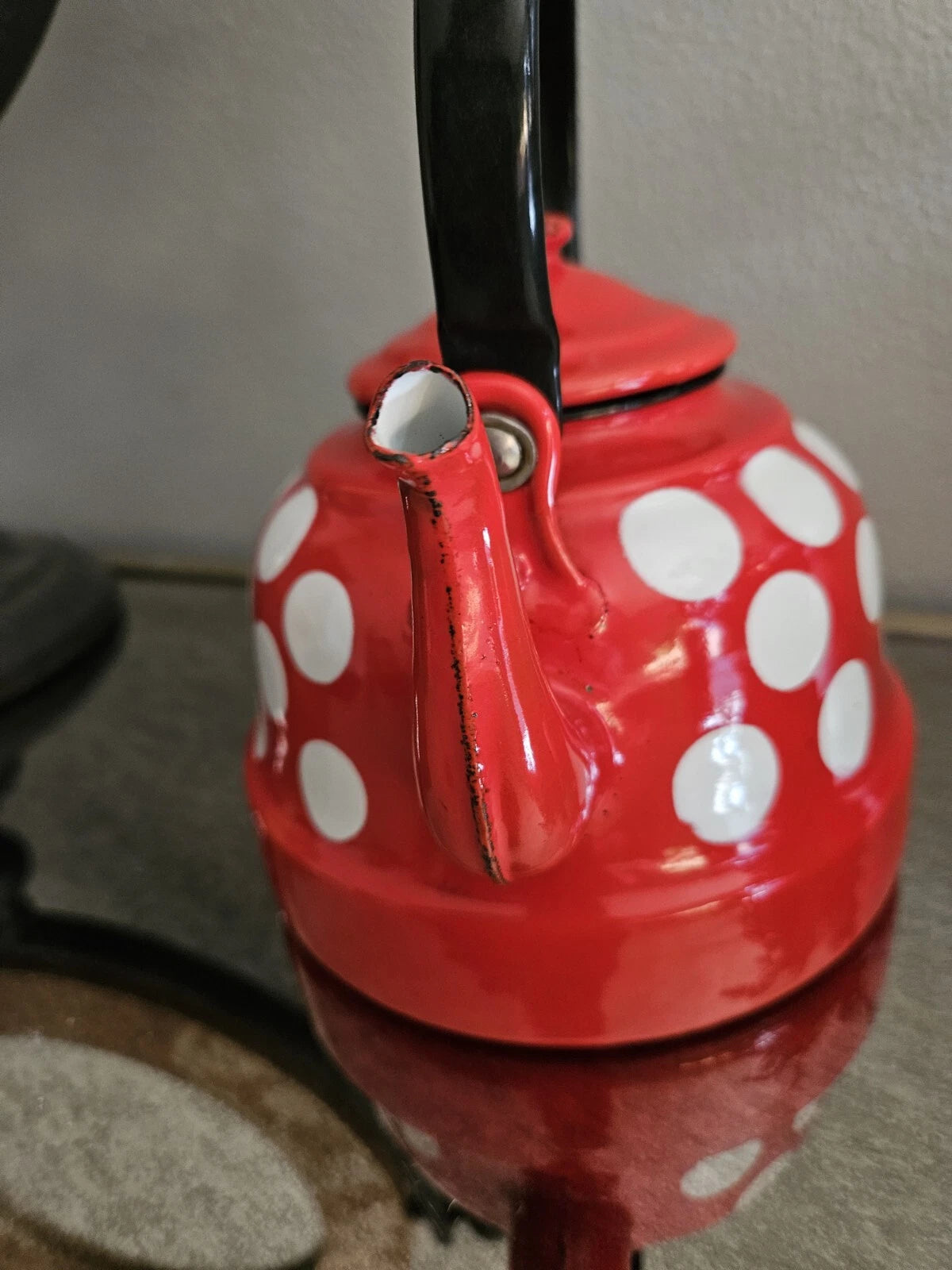 Vintage Enamelware Polka Dot Teapot / Mid Century Enamel Kettle