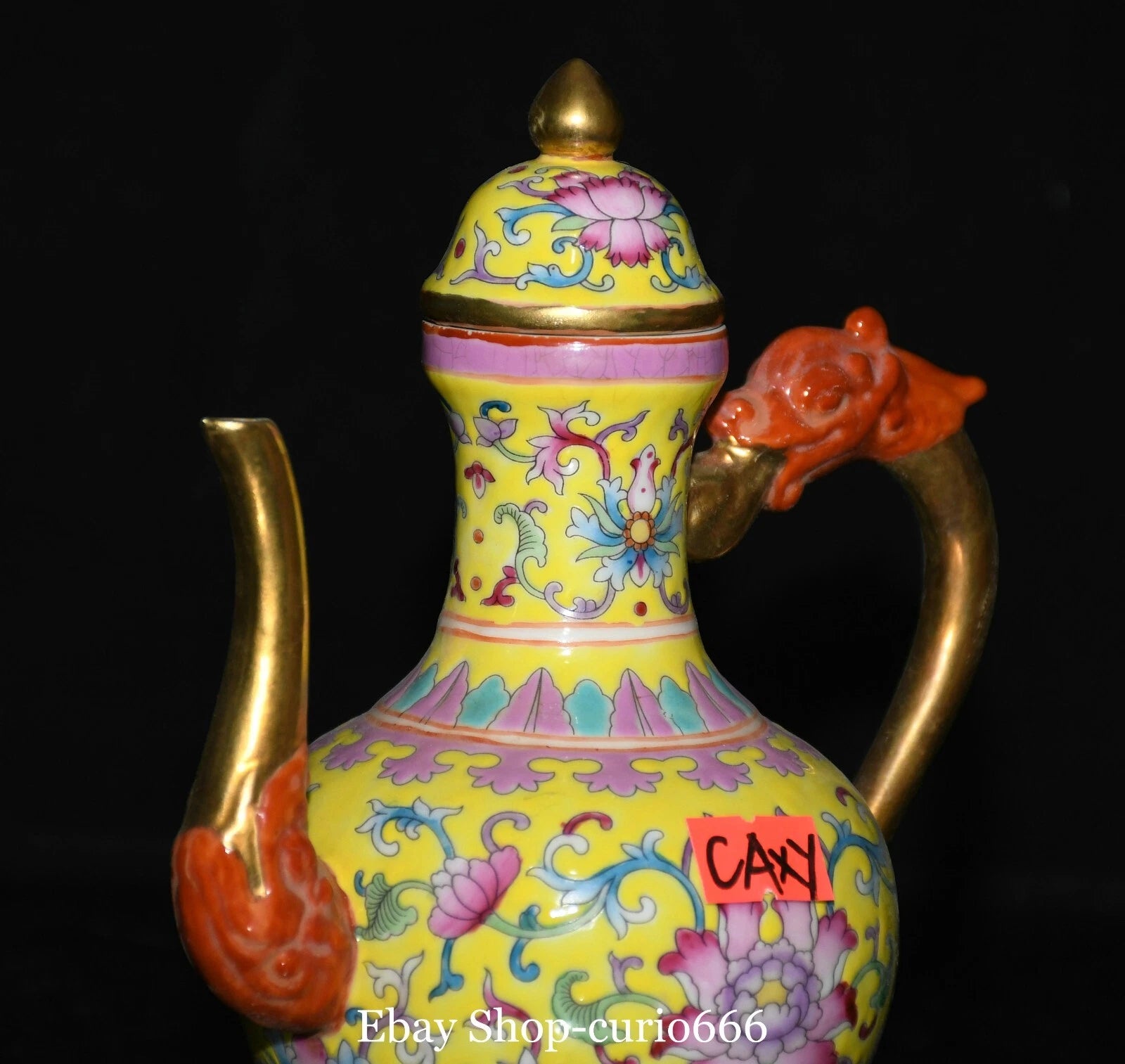 7'' Qianlong Colour Enamel Porcelain Gold Flower Dragon Loong Beast Kettle Pot