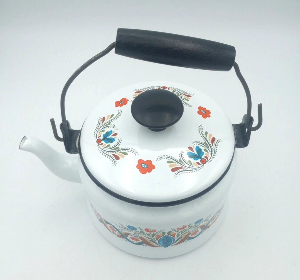 Vintage Berggren Swedish Folk Art  Enamelware Floral Handled Tea Pot Tea Kettle